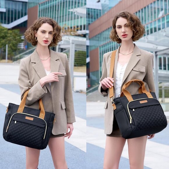 Women's Quilted Tote Bag with Multiple Pockets Water-Resistant Polyester - Picture 6 of 6